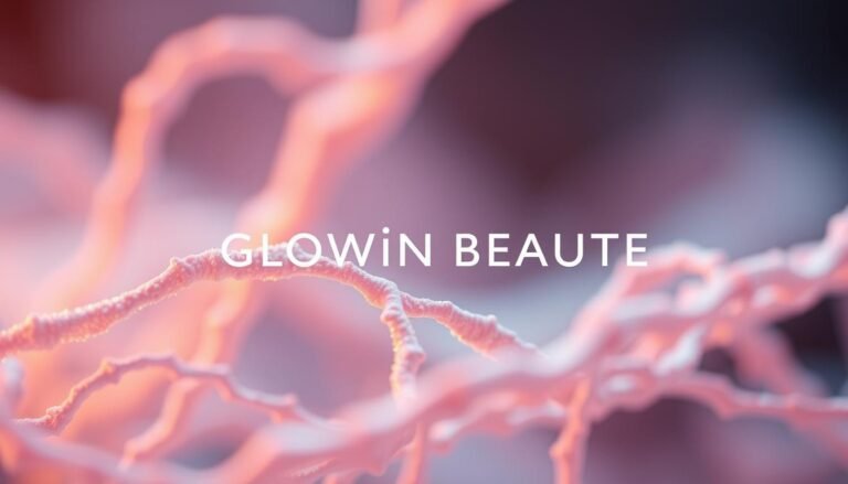 A close-up view of the Glowin Beaute brand logo, showcasing a detailed representation of collagen fibers. The fibers appear to be interwoven in a delicate, intricate pattern, illuminated by a soft, warm lighting. The image is captured with a shallow depth of field, keeping the fibers in sharp focus while creating a blurred, ethereal background. The overall atmosphere conveys a sense of scientific precision and the natural beauty of the human body's cellular structure. The lighting and composition emphasize the technical and aesthetic qualities of the Glowin Beaute brand and its focus on the science of collagen regeneration.