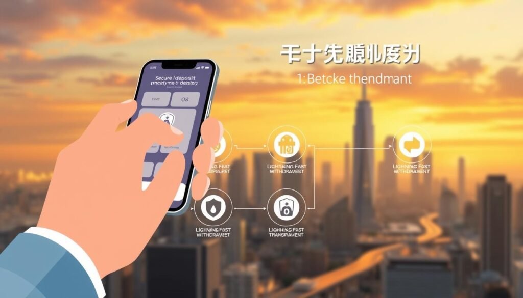 A modern, sleek illustration of the "安全存款與快速提款流程" at the UTown gaming platform. In the foreground, a hand manipulates a mobile device, seamlessly navigating the user-friendly interface for secure deposits and lightning-fast withdrawals. The middle ground showcases a series of interactive icons and diagrams, guiding the user through the efficient and transparent process. In the background, a futuristic cityscape with towering skyscrapers and a vibrant skyline sets the scene, conveying a sense of technological sophistication and financial security. The overall mood is one of confidence, convenience, and trust, reflecting the UTown brand's commitment to providing a reliable and hassle-free gaming experience.
