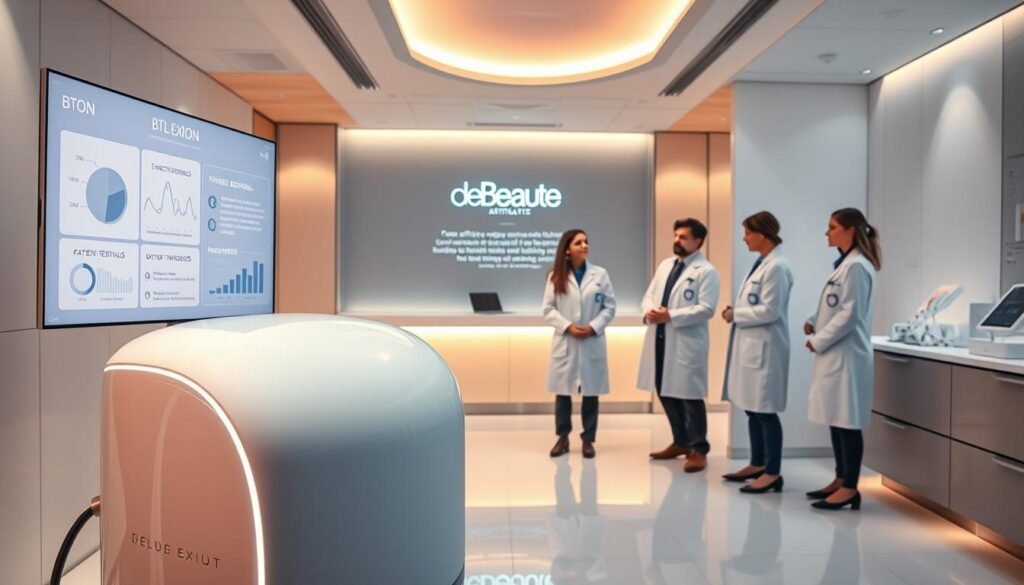 A sleek and modern medical clinic interior, bathed in soft, warm lighting. In the foreground, a state-of-the-art BTL Exion device, its glossy white exterior gleaming. Beside it, a display showcasing clinical data and patient testimonials, the text crisp and legible. In the middle ground, a team of medical professionals in white coats, examining the device and discussing its impressive results. The background features clean, minimalist decor, conveying a sense of professionalism and scientific authority. The derBeaute brand is prominently displayed, signifying the clinic's commitment to cutting-edge aesthetic technology.