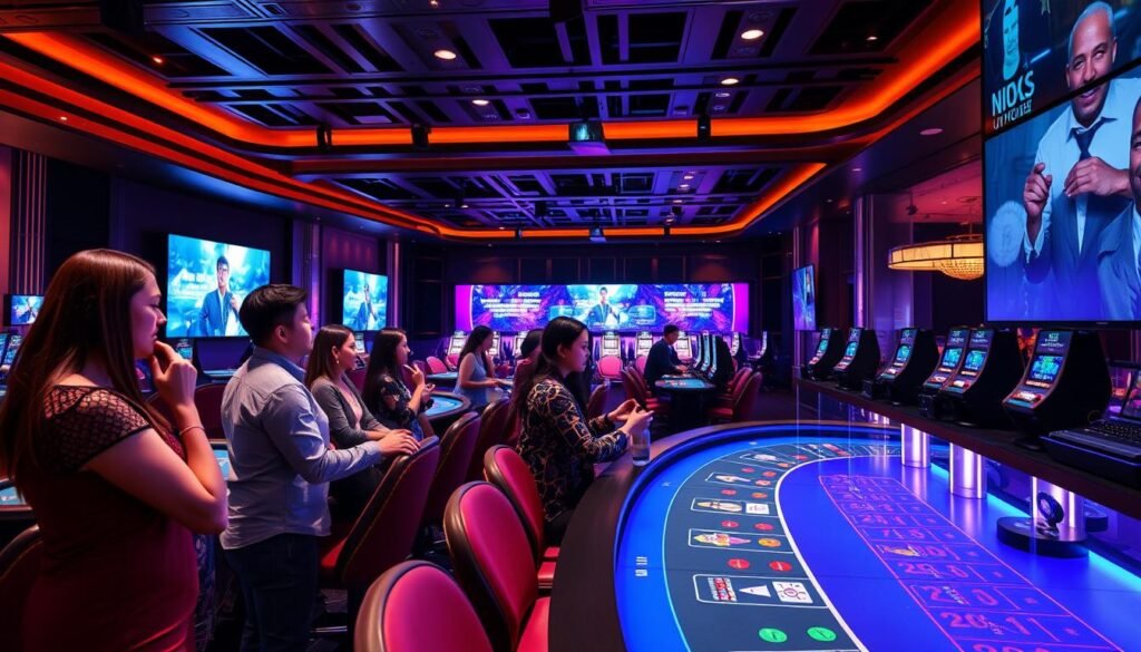 A vibrant and immersive real-time video gaming experience, showcasing the interactive allure of UHO88 entertainment hub. A sleek, modern studio setting with sophisticated lighting and camera angles, capturing the thrill of live casino games. Elegant and refined, with richly-textured surfaces, plush furnishings, and a sense of energy and excitement. In the foreground, a group of engaged players, their expressions rapt as they navigate the virtual tables and interact with the virtual dealers. The middle ground features a panoramic view of the gaming floor, with state-of-the-art video displays and cutting-edge technology. The background evokes an upscale, cosmopolitan ambiance, hinting at the premium quality and premium experience of UHO88.