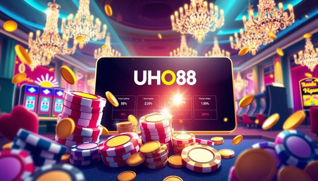 A vibrant casino-themed illustration showcasing the exciting promotional offers and rewards of the UHO88 gaming platform. In the foreground, a dynamic display of colorful casino chips, sparkling gold coins, and a shimmering jackpot symbol create a sense of anticipation. The middle ground features a sleek, modern interface with prominent UHO88 branding, highlighting the platform's user-friendly design. In the background, a lively casino atmosphere with neon lights, glittering chandeliers, and the silhouettes of gaming tables and slot machines set the scene. The overall composition conveys a mood of entertainment, luxury, and the thrill of potential winnings, reflecting the key features of the UHO88 gaming experience.