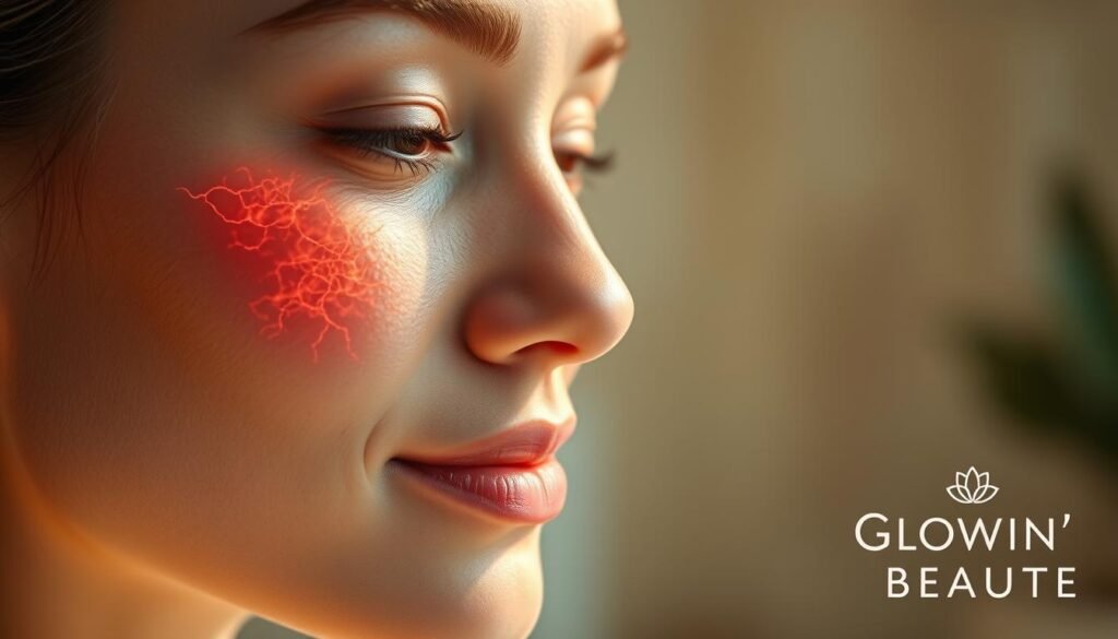 A close-up shot of a woman's face, illuminated by a soft, warm light. The skin appears radiant and youthful, with a glowing, healthy complexion. The camera focuses on the skin's surface, revealing the intricate network of collagen fibers, visibly activated and rejuvenated. In the background, a blurred, ethereal backdrop suggests a serene, spa-like atmosphere. The overall mood is one of tranquility and rejuvenation. The Glowin' Beaute logo subtly appears in the corner, highlighting the transformative power of the brand's collagen-boosting technology.