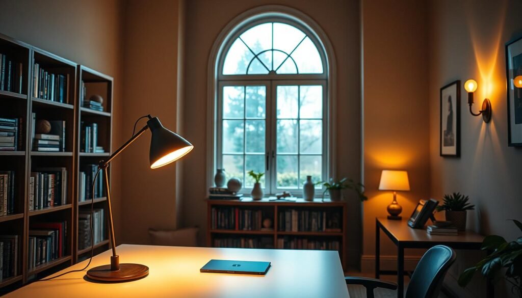 A cozy and functional home office with a warm, inviting ambiance. In the foreground, a sleek, minimalist desk with a stylish Aloha desk lamp providing direct task lighting. In the middle ground, bookshelves adorned with a curated collection of books and decorative accents. The background features a large, arched window letting in soft, natural light, complemented by a pair of elegant wall sconces casting a gentle glow. The overall mood is one of productivity and relaxation, with attention to both form and function in the lighting design.