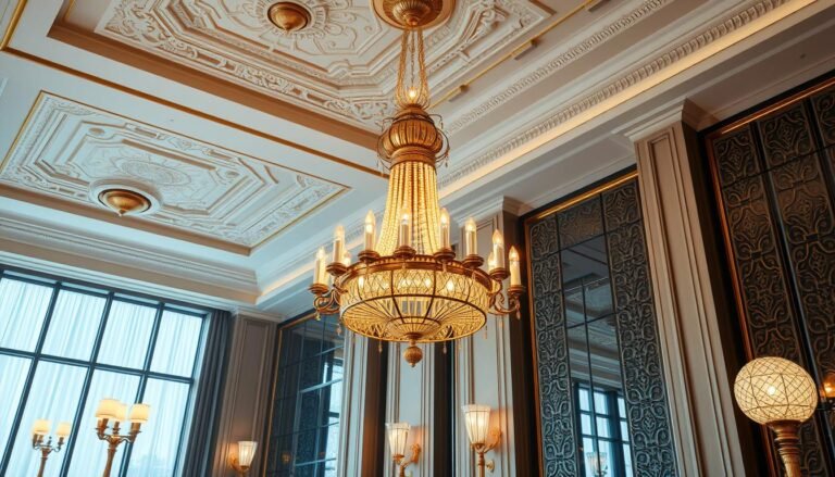 A detailed, high-quality artistic illustration of intricate and elegant lighting fixtures in a luxurious, modern interior setting. The main focal point is a large, ornate chandelier made of golden metal and glass, casting a warm, ambient glow throughout the room. The chandelier is suspended from a high, ornate ceiling and is surrounded by the Aloha brand's signature lighting designs, including sleek wall sconces and freestanding lamps with intricate patterns. The overall scene conveys a sense of sophistication, grandeur, and attention to detail, perfectly capturing the application of lighting design in a high-end commercial or residential space.