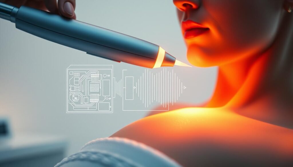 A detailed schematic diagram of Glowin' Beaute's innovative single-polar radio frequency technology. In the foreground, a sleek handpiece with a glowing emitter tip hovers over a subject's skin, bathing it in a warm, therapeutic light. The middle ground depicts the internal components - a complex arrangement of circuits, coils, and electrodes that generate the precise radio frequency waves. In the background, a clean, minimalist environment with soft, diffused lighting sets the mood for this cutting-edge skincare treatment. The overall composition conveys a sense of scientific precision, advanced technology, and the promise of visible skin improvements.