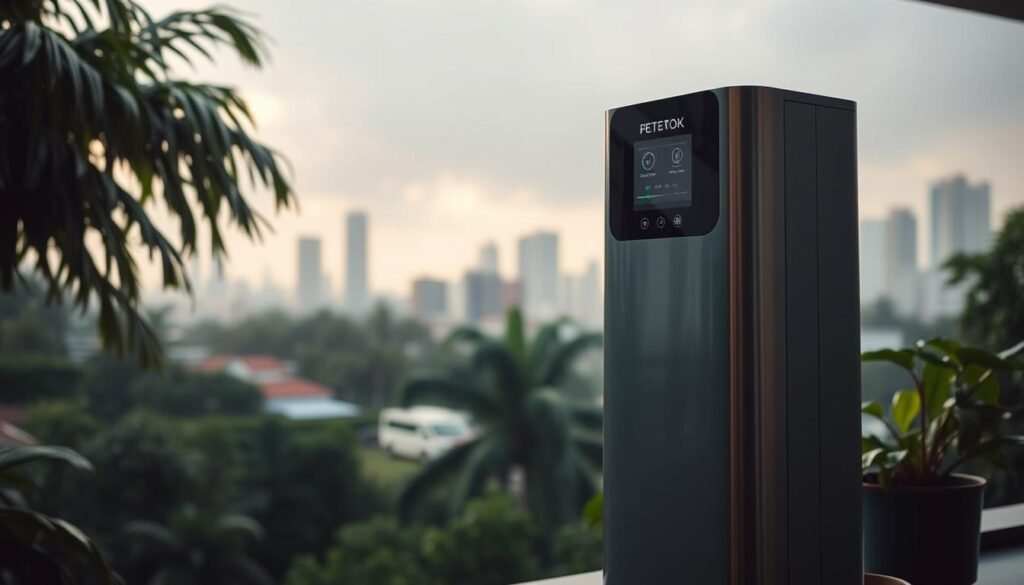 A high-quality water purifier system standing prominently in the foreground, its sleek and modern design accentuated by soft, diffuse lighting. The middle ground features a humid, tropical environment with lush greenery, hinting at the challenging climate conditions the device must operate in. The background showcases an urban cityscape, alluding to the device's role in providing clean water in a densely populated setting. The overall scene conveys a sense of functional elegance, highlighting the water purifier's ability to thrive in Taiwan's humid, subtropical climate.