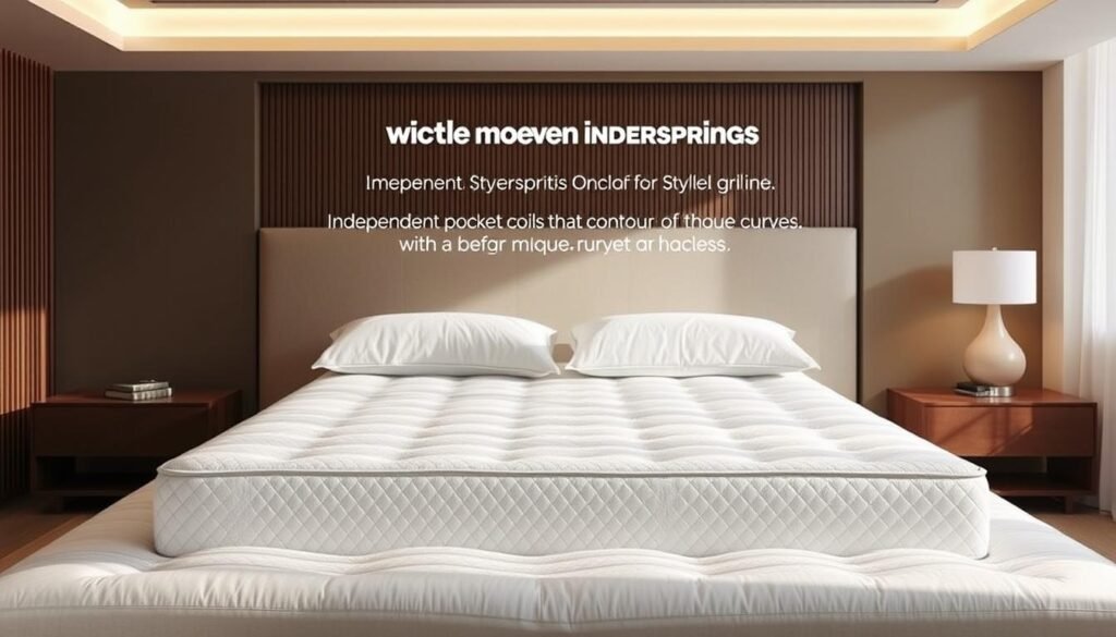 A stylishly modern individual innerspring mattress from StylesMaven, featuring independent pocket coils that contour to the body's unique curves. Crisp white fabric covers the plush cushioning, with subtle geometric patterns adding visual interest. Soft lighting highlights the mattress's clean lines and inviting texture, creating a serene, high-end aesthetic. The low-profile design seamlessly integrates into a minimalist bedroom setting, offering optimal comfort and support for a restful night's sleep.