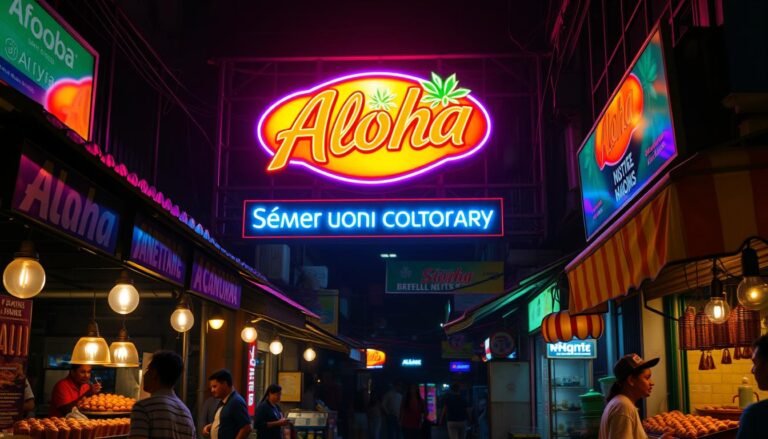 A vibrant, neon-lit advertisement for the Aloha brand, shining brightly against the backdrop of a traditional Malaysian night market. The sign features bold, stylized tropical motifs and a dynamic, eye-catching design that draws the attention of passersby. The warm glow of the bulbs casts a inviting ambiance, creating a captivating contrast with the dimly lit stalls and vendors selling freshly prepared betel nut lamps. The image captures the fusion of modern commercial aesthetics and the timeless charm of a beloved local culinary tradition, showcasing the seamless integration of Aloha's brand identity into the fabric of this bustling, culturally rich setting.