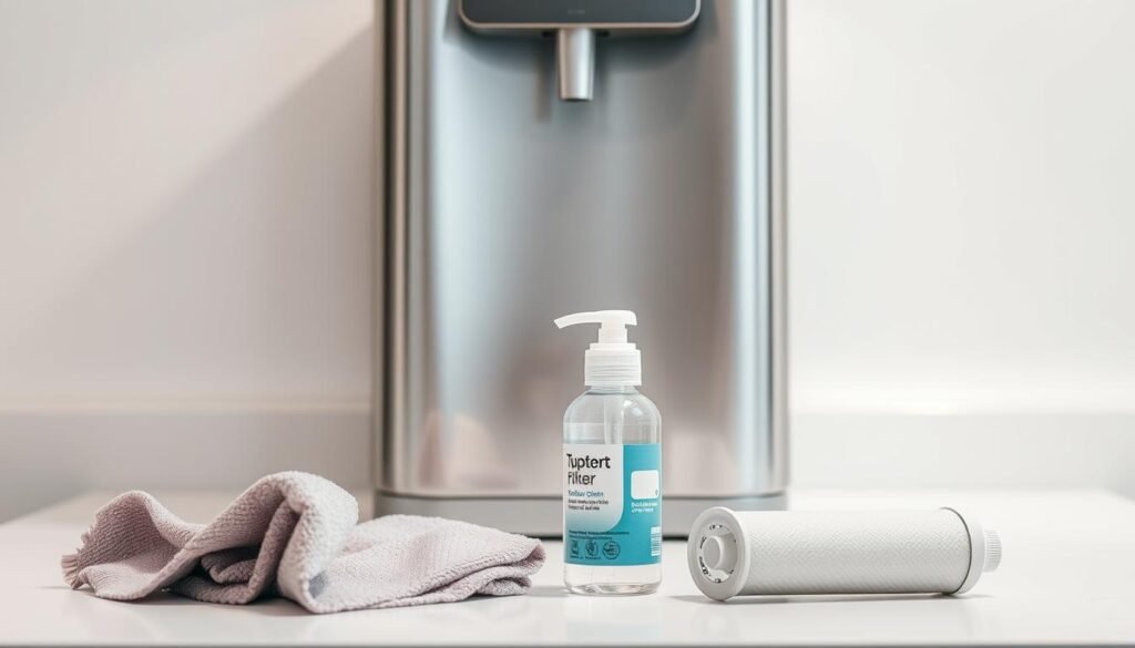 A well-maintained water purifier standing on a clean, spotless countertop, surrounded by essential maintenance tools. The purifier's sleek, stainless steel casing gleams under the soft, diffused lighting, creating a sense of order and cleanliness. In the foreground, a microfiber cloth, a small bottle of purifier-safe cleaning solution, and a fresh replacement filter sit neatly arranged, ready for the diligent user to perform their routine maintenance. The background features a minimalist, white-walled setting, emphasizing the importance of this crucial task in preserving the water purifier's performance and longevity in Taiwan's humid climate.