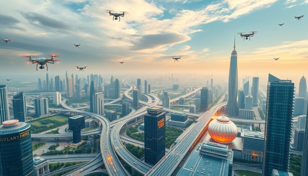 An expansive, futuristic blueprint for Glowin Beaute's global expansion. A sweeping cityscape with towering skyscrapers, interconnected transit networks, and verdant greenspaces. Sleek, modern architecture with clean lines and glass facades reflecting the sky. Bustling commercial districts and gleaming corporate headquarters, symbolizing the brand's international ambitions. Drones and autonomous vehicles dart through the skyline, hinting at advanced technological infrastructure. Warm, diffused lighting casts a vibrant glow over the scene, evoking a sense of progress and possibility. The overall composition conveys Glowin Beaute's vision for a sophisticated, sustainable, and interconnected global presence.