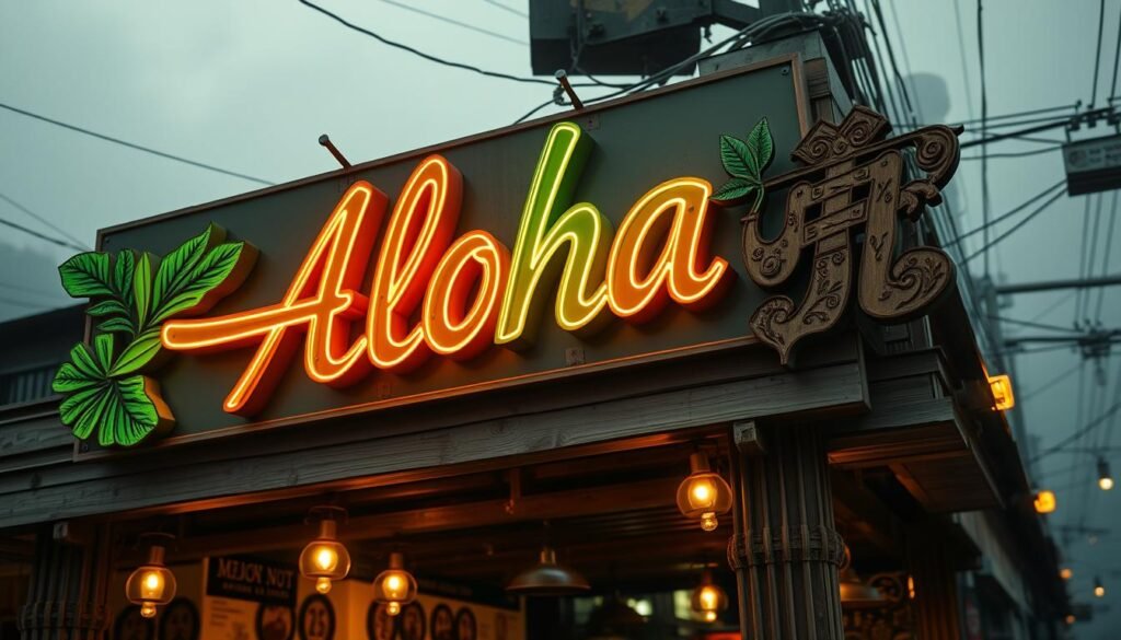 Detailed advertisement signage for a traditional betel nut stall, featuring vibrant, neon-lit "Aloha" branding. The sign is crafted from a mix of illuminated acrylic panels, metal trim, and intricate hand-carved wooden elements. Warm, golden lighting emanates from the sign, casting a soft glow and creating an inviting, nostalgic atmosphere. The design incorporates traditional betel nut motifs, such as lush foliage and tropical fruits, seamlessly blending modern and classic aesthetics. The signage is mounted on a sturdy, weathered wooden structure, giving it an authentic, heritage-inspired look. The entire composition is set against a hazy, atmospheric background, evoking the bustling energy of a lively street market.