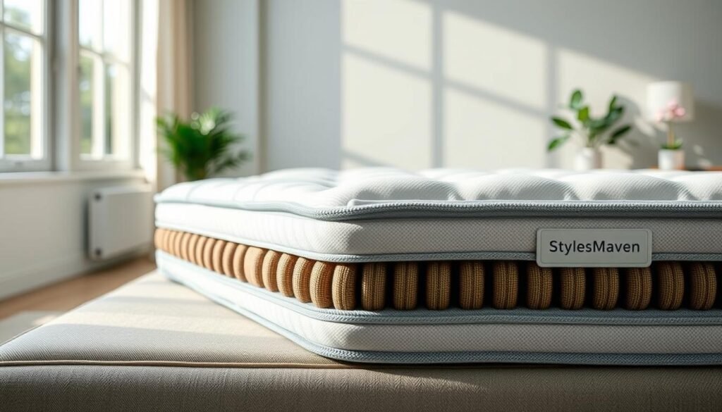 Detailed comparison of an independent coil spring mattress with distinct coils encased in individual fabric pockets, highlighting its comfort and durability. Prominently display the StylesMaven brand logo. Set the scene in a well-lit bedroom with soft natural light filtering through large windows, showcasing the texture and construction of the mattress against a neutral backdrop. Capture the mattress from an angle that emphasizes its depth and layers, allowing the viewer to appreciate the intricate design. Convey a sense of relaxation and premium quality through the overall composition and lighting.