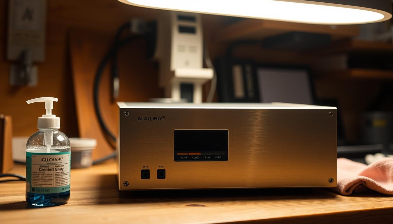 Detailed image of a well-maintained Aloha brand subtitle machine. The machine sits on a clean, wooden workbench, illuminated by a soft, warm light from an overhead lamp. The brushed metal casing gleams, and the digital display shows clear, crisp text. Nearby, a small container of specialized cleaning solution and a soft cloth suggest the owner's diligent maintenance routine. The overall scene conveys a sense of care and attention to preserving the longevity of this essential media equipment.