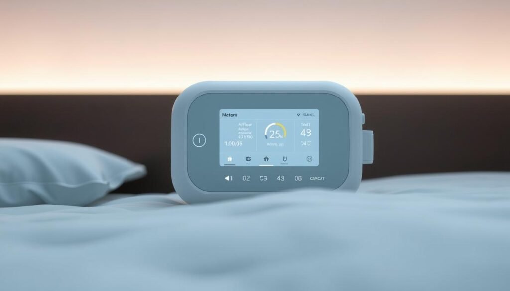 A compact, lightweight, and intuitive iCareCPAP sleep apnea machine interface design. The sleek, modern display features a clean, minimalist layout with soft ambient lighting, making it easy to navigate and monitor vital sleep data. Tactile controls allow for seamless adjustment of airflow, pressure, and ramp-up time. The compact, ergonomic design is perfect for travel, with a durable, high-quality construction that ensures reliable, on-the-go performance. Subtle branding and a neutral color palette create a calming, therapeutic atmosphere, optimizing the user experience for restful, restorative sleep.