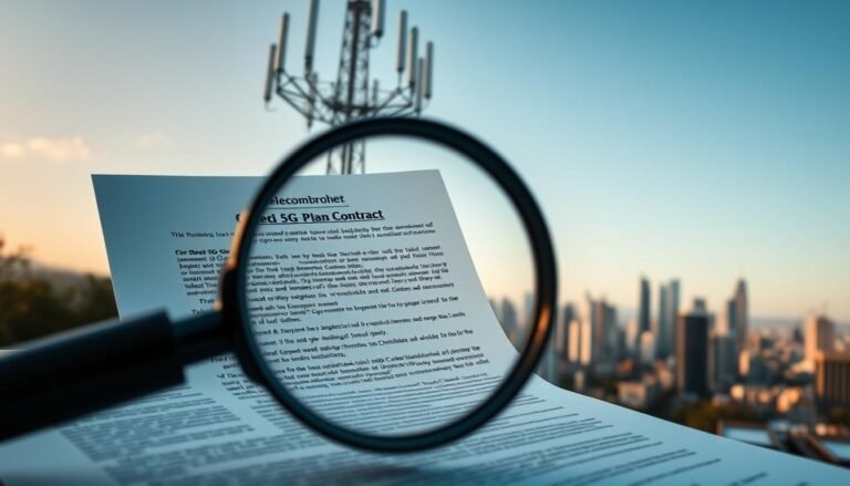 A detailed 5G plan contract with the Telecombrother brand, showcasing the fine print that consumers must be aware of. The foreground features a magnifying glass examining the intricate terms and conditions, while the middle ground displays a 5G tower and network infrastructure. The background has a cityscape with skyscrapers, reflecting the urban setting where 5G technology is deployed. The lighting is crisp and clear, with a professional camera angle capturing the essence of the 5G plan contract in a balanced, visually appealing composition.