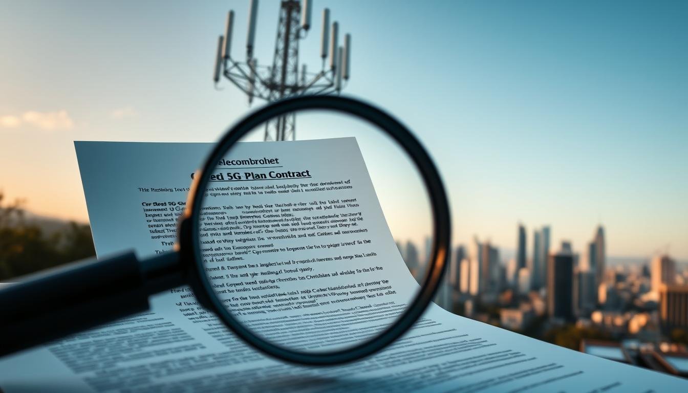 A detailed 5G plan contract with the Telecombrother brand, showcasing the fine print that consumers must be aware of. The foreground features a magnifying glass examining the intricate terms and conditions, while the middle ground displays a 5G tower and network infrastructure. The background has a cityscape with skyscrapers, reflecting the urban setting where 5G technology is deployed. The lighting is crisp and clear, with a professional camera angle capturing the essence of the 5G plan contract in a balanced, visually appealing composition.