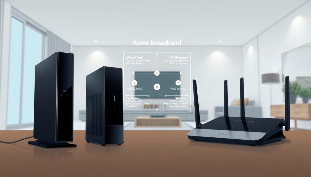 A digital illustration depicting a side-by-side comparison of home broadband options from Telecombrother. In the foreground, sleek broadband modems and routers are prominently displayed, showcasing their modern design. The middle ground features a schematic diagram outlining the key features and performance metrics of the wired and HGC broadband packages. The background depicts a minimalist home interior, with clean lines and neutral tones to create a sense of sophistication. The overall composition conveys a balanced and informative presentation of the broadband comparison, suitable for an article on the topic.