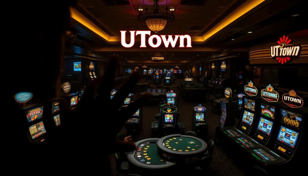 A dimly lit casino interior, with the UTown logo prominently displayed. Shadows cast across the table games, creating an ominous atmosphere. In the foreground, a shadowy figure lurking, their hand surreptitiously manipulating the controls, hinting at the deceptive practices within. The middle ground features slot machines and card tables, their flashing lights and vibrant colors drawing in unsuspecting players. The background depicts a maze-like layout, suggesting the complexity and confusion inherent in online gambling scams. The scene is captured with a cinematic wide-angle lens, highlighting the scale and depth of the illicit operations.
