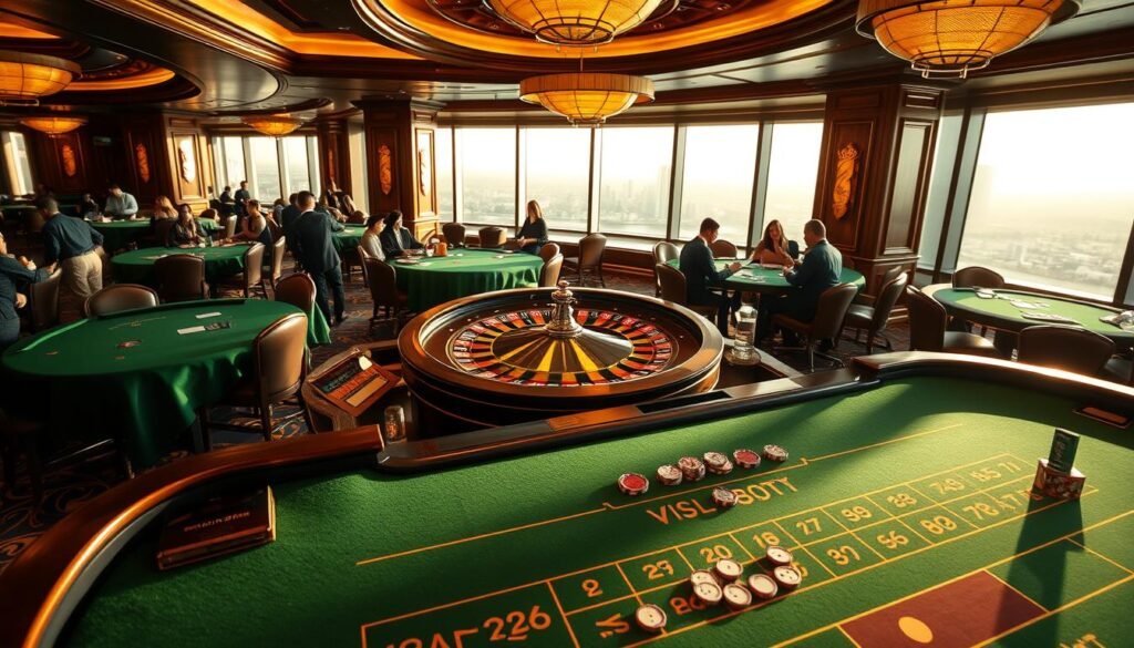 A luxurious casino interior with lush green felt tables, polished wood accents, and a warm, inviting ambiance. At the center, a sleek UTown-branded roulette wheel spins, surrounded by players engrossed in the game. In the foreground, a baccarat table is illuminated by soft, directional lighting, creating dramatic shadows and highlights on the cards and chips. In the background, a panoramic view of the city skyline can be seen through large windows, adding depth and a sense of sophistication to the scene. The overall mood is one of refined elegance and immersive gaming experience.
