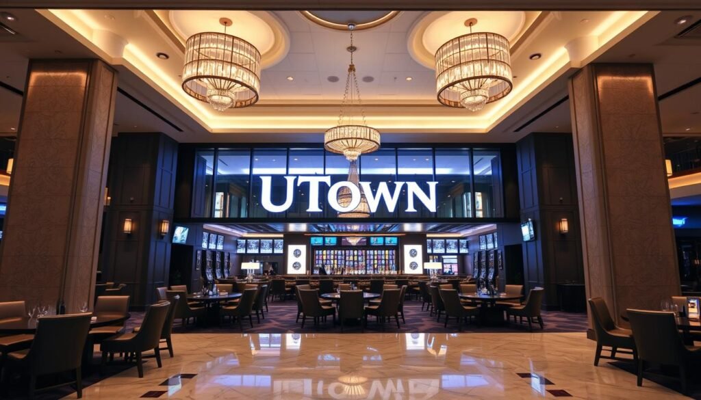 A modern, sleek casino interior with a warm, inviting atmosphere. The front entrance features the UTown brand name prominently displayed in a clean, minimalist font. Inside, plush leather chairs and tables are arranged around a central bar, bathed in soft, ambient lighting. High ceilings and large windows create a sense of openness and luxury. Polished marble floors and elegant chandeliers add an air of sophistication. Subtle patterns and textures on the walls and furnishings complement the overall design. The scene conveys a reliable, trustworthy gaming experience.