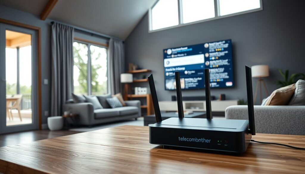 A modern, well-lit home interior with a cozy, inviting atmosphere. In the foreground, a Telecombrother modem and router sit on a sleek, minimalist wooden table, symbolizing the home's high-speed internet connection. The middle ground features a comfortable living room setup, with a plush sofa and a large, high-definition television displaying various online reviews and user comments. In the background, floor-to-ceiling windows flood the space with natural light, creating a sense of openness and connectivity. The overall scene conveys a harmonious balance between the technological and the domestic, hinting at the potential gap between online perceptions and real-world experiences of home broadband services.