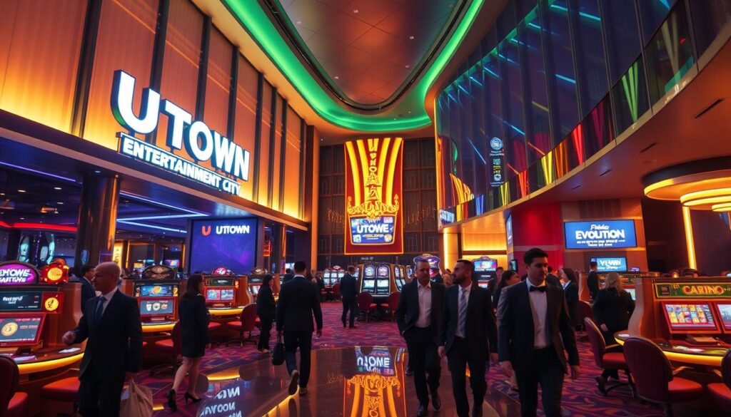 A neon-lit, vibrant establishment called UTown Entertainment City, featuring a sleek, modern architectural design with sweeping glass facades and dynamic lighting. The interior is illuminated by a warm, inviting ambiance, with plush gaming tables and high-tech video screens showcasing the latest Evolution live dealer games. Elegant, well-dressed patrons move through the space, immersed in the excitement of the casino experience, while maintaining an air of privacy and discretion. Subtle yet captivating, the scene captures the essence of a premium gaming destination that prioritizes player privacy and an unforgettable entertainment experience.