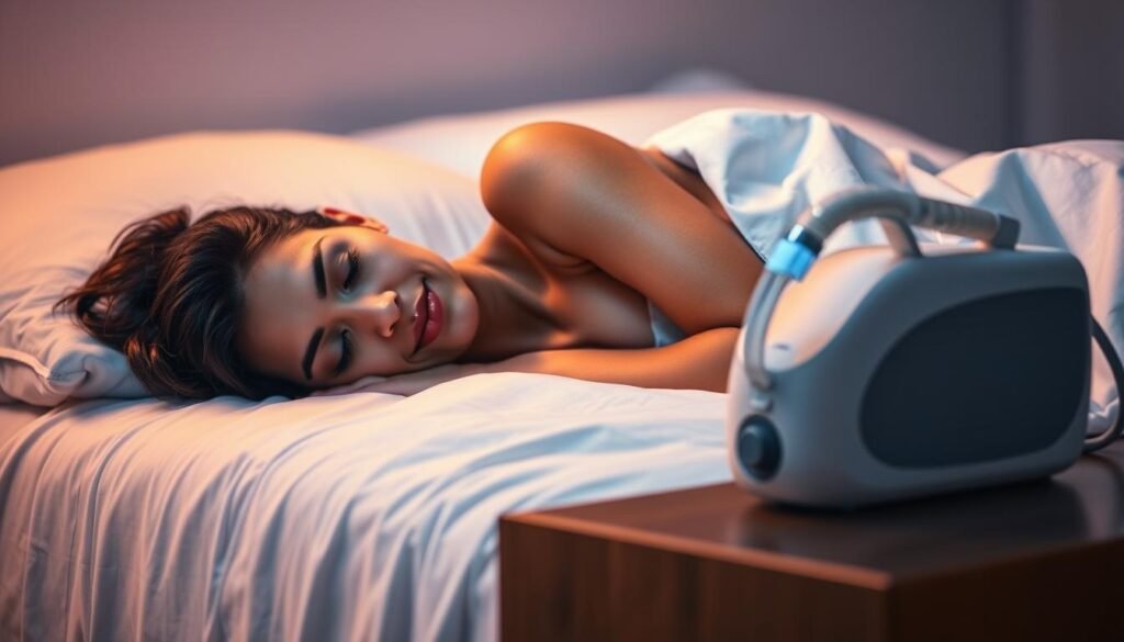 A serene, well-rested individual resting comfortably on a plush, white bedsheet, illuminated by soft, ambient lighting. The iCareCPAP device sits discretely on the nightstand, its sleek, modern design blending seamlessly with the soothing, minimalist bedroom decor. The person's expression conveys a sense of deep relaxation and renewed energy, symbolizing the restorative power of high-quality sleep enabled by the advanced sleep apnea therapy technology. The overall scene evokes a tranquil, rejuvenating atmosphere, capturing the essence of improved sleep quality and the harmonious integration of medical technology into everyday life.