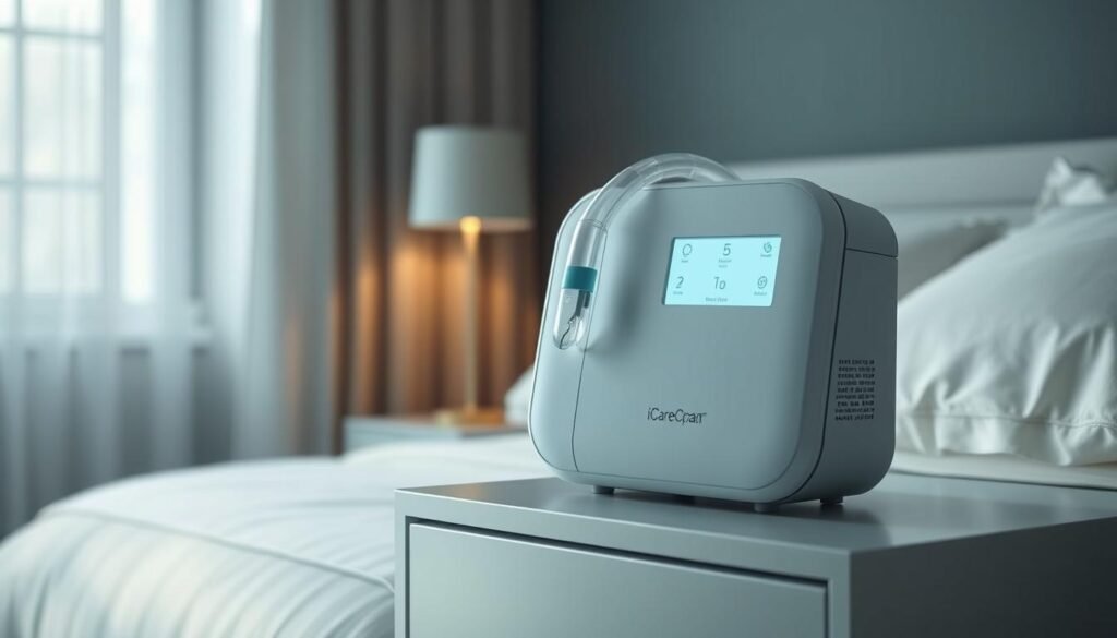 A sleek, modern iCareCPAP sleep apnea machine, its clean lines and minimalist design conveying a sense of advanced technology and user-friendly functionality. Soft, diffused lighting illuminates the device, highlighting its intuitive control panel and discreet display. The machine sits atop a minimalist nightstand, seamlessly blending into a serene, contemporary bedroom setting, radiating a calming, restorative atmosphere. Elegant curves and a muted color palette exude a sense of sophisticated, human-centric engineering, embodying the evolution of sleep apnea treatment towards a more personalized, wellness-focused experience.