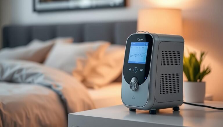 A sleek, modern iCareCPAP sleep apnea machine stands prominently in the foreground, its simple yet intuitive controls and display panel illuminated by soft ambient lighting. The machine is situated on a clean, minimalist bedside table, with a blurred but cozy bedroom environment in the background, suggesting a relaxing, comfortable setting for the user. The design of the iCareCPAP machine emphasizes ergonomics and ease of use, with a streamlined, user-friendly interface that seamlessly integrates into the bedroom's decor. The overall scene conveys a sense of technological sophistication paired with a personalized, human-centric approach to sleep therapy.