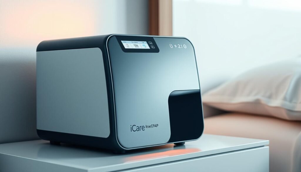 A sleek, modern sleep apnea machine with the iCareCPAP brand name, featuring a streamlined design and intuitive control panel. The device is placed on a minimalist nightstand, casting a warm, gentle glow from its display. The scene is captured in a soft, diffused lighting, creating a calming and relaxing atmosphere. The machine is the focal point, surrounded by a clean, clutter-free environment to emphasize its importance and ease of use. The image conveys the key considerations for selecting the right sleep apnea machine - a balance of form, function, and user-friendliness.