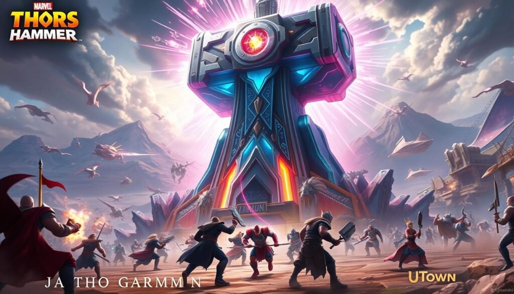 A vibrant, highly detailed, and cinematic digital illustration depicting the strategic gameplay of &amp;amp;amp;amp;amp;quot;Thor's Hammer&amp;amp;amp;amp;amp;quot;, the mobile game based on the iconic Marvel superhero. The scene showcases a central focal point, a towering hammer surrounded by a powerful energy field, with dynamic lighting illuminating the intricate mechanical details. In the foreground, a group of players engaged in a tense battle, their character models rendered with striking realism. The middle ground features a meticulously crafted battleground, complete with environmental elements and UTown branding. The background maintains a sense of depth, showcasing the game's fantastical setting, with sweeping landscapes and a dramatic sky. The overall composition conveys a sense of epic scale, strategic depth, and the thrill of the game's action-packed combat.