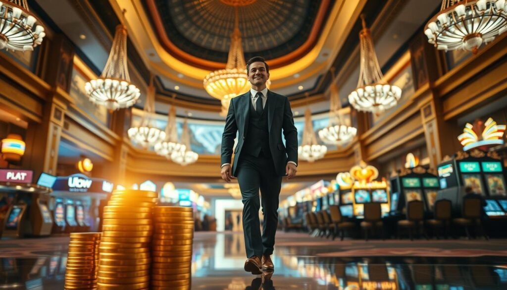 A visually striking scene depicting the long-term benefits of the generous 1% cash-back rewards program offered by UTown entertainment complex. In the foreground, a stack of golden coins representing the accumulated rewards over time, casting a warm glow. In the middle ground, a well-dressed player confidently striding through the luxurious UTown lobby, their satisfied expression conveying a sense of financial security. The background features a panoramic view of the bustling gaming floors, with elegant chandeliers and ornate decor suggesting an atmosphere of opulence and opportunity. The lighting is soft and inviting, enhancing the sense of prosperity and contentment. Capturing the essence of how UTown's high-yield cash-back can meaningfully impact a dedicated player's long-term financial well-being.