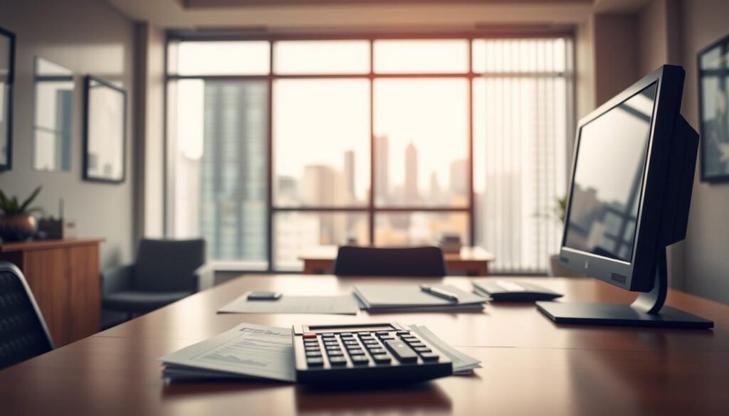 A well-lit office interior with a desk, computer, and paperwork, representing the influence of one's occupation on personal loan interest rates. The desk is positioned in the foreground, with a warm, neutral color palette and soft, directional lighting creating a professional atmosphere. In the middle ground, financial documents and a calculator symbolize the financial aspects of the topic. The background features a blurred cityscape view through a window, hinting at the broader economic context. The overall composition conveys a sense of careful consideration and analysis of the subject matter.