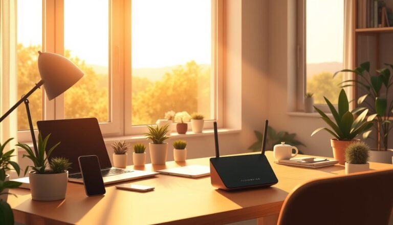 Detailed illustration of a modern home office setup, showcasing a desk with a laptop, smartphone, and a Telecombrother router. The scene is bathed in warm, natural lighting, creating a cozy and productive atmosphere. The desk is surrounded by potted plants and minimalist decor, reflecting a minimalist and stylish aesthetic. In the background, a large window offers a glimpse of a lush, green outdoor landscape, adding a sense of tranquility to the scene. The overall composition emphasizes the importance of reliable and high-speed internet connectivity in the modern home environment.