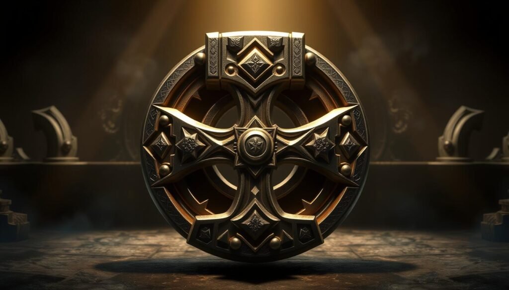 Detailed illustration of the iconic &amp;amp;amp;amp;amp;quot;UTown&amp;amp;amp;amp;amp;quot; game symbol for &amp;amp;amp;amp;amp;quot;Thor's Hammer&amp;amp;amp;amp;amp;quot;, set against a dramatic, mythological backdrop. The hammer's intricate design is rendered with precision, casting dynamic shadows and highlights that evoke a sense of power and ancient craftsmanship. Ambient lighting creates an atmospheric, reverent mood, with subtle textures and a neutral color palette that allow the symbol to take center stage. The overall composition emphasizes the symbol's symbolic significance and captivating visual appeal.