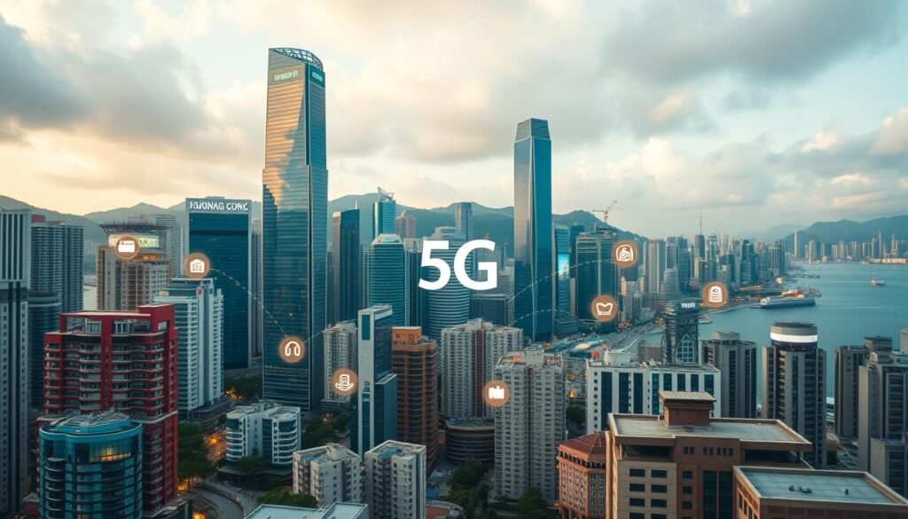 Generate an image of a Hong Kong cityscape with 5G connectivity symbols