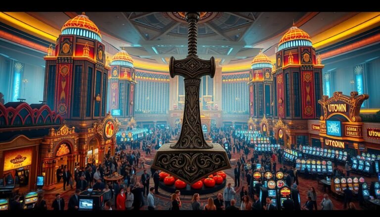 Majestic, sprawling UTown casino complex, with towering edifices adorned in Nordic motifs and illuminated by dramatic lighting. In the foreground, a massive Thor's hammer sculpture, its intricate metalwork gleaming. The middle ground showcases bustling crowds of patrons, their expressions animated with excitement. Expansive gaming floors stretch out in the background, dotted with table games and slot machines. An atmosphere of energy, wealth, and unbridled entertainment permeates the scene, capturing the essence of the &quot;Ragnarok Casino&quot; experience.