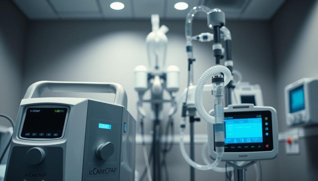 A close-up, highly detailed image of a state-of-the-art iCareCPAP sleep apnea machine and a traditional respiratory ventilator. The sleep apnea machine is shown in the foreground, with a sleek, modern design and a clear display panel. The respiratory ventilator is in the middle ground, its complex tubing and controls visible. The background features a clean, clinical setting with subtle lighting, creating a sense of medical professionalism. The overall atmosphere conveys the importance and functionality of these devices in supporting respiratory health, while the precise level of detail allows the viewer to clearly understand the key features and differences between the two types of equipment.