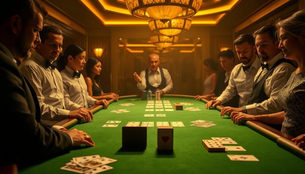 A dimly lit casino table, the green felt surface glowing under warm, golden lighting. The iconic baccarat cards are neatly arranged, their ornate patterns casting subtle shadows. Dealers in crisp uniforms stand at the ready, their focused expressions conveying the game's gravity. Surrounding the table, onlookers observe intently, their faces shrouded in an air of anticipation and strategic contemplation. The scene exudes an atmosphere of refined elegance and intellectual challenge, inviting the viewer to delve into the nuanced rules and strategies of the captivating game of baccarat.