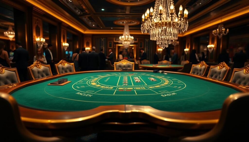 A lavish baccarat gaming table set against a dimly lit, opulent casino interior. The table's green felt surface is flanked by gilded wooden edges, with ornate brass accents. Plush, high-backed chairs surround the table, creating an air of sophistication. Overhead, a grand crystal chandelier casts a warm, ambient glow, illuminating the scene. In the background, the faint silhouettes of casino patrons can be seen, adding to the immersive atmosphere. The camera angle is positioned slightly elevated, capturing the table's layout and creating a sense of depth and grandeur, perfectly conveying the essence of the baccarat gaming experience.