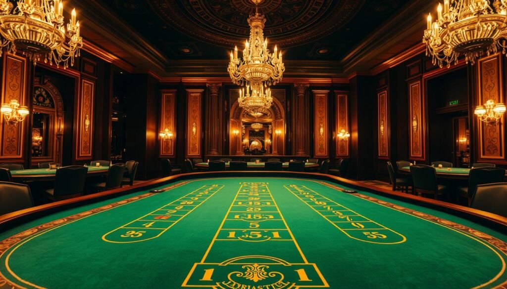 A lavish baccarat table illuminated by warm, golden lighting, set against a dimly lit, sophisticated casino interior. The table's green felt surface is adorned with subtle patterns, inviting players to discover the game's intricate rules and gameplay. Elegant casino details, such as chandeliers and ornate architectural elements, create an atmosphere of exclusivity and refined elegance. The scene captures the essence of the classic baccarat experience, where the rules and strategies come to life on the table, ready to be explored by seasoned players and newcomers alike.