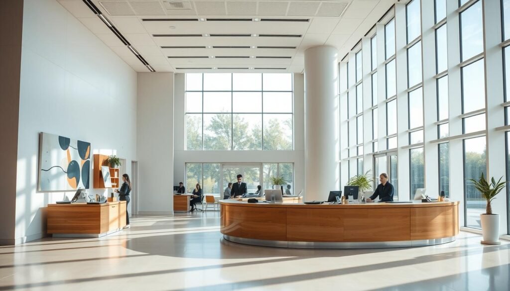 A modern banking interior with a sleek, minimalist design. The lobby is flooded with natural light streaming through large windows, creating a warm and inviting atmosphere. At the center, a curved teller counter is staffed by friendly, attentive bankers assisting customers. The walls are adorned with abstract artwork and stylish decor, conveying a sense of professionalism and innovation. The overall impression is one of efficiency, transparency, and a focus on the customer experience, rather than rigid lending policies. The scene evokes a bank that prioritizes accessibility and flexibility over traditional credit assessments.