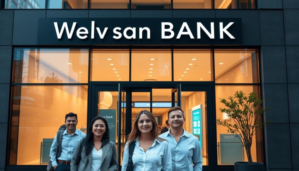 A sleek, modern bank exterior with minimalist design, clean lines, and a glass facade that reflects the surrounding cityscape. The building has a welcoming, open feel, with a large entrance and signage that conveys a sense of trust and accessibility. The lighting is soft and warm, creating a calming, inviting atmosphere. In the foreground, a group of people are entering the bank, their expressions relaxed and confident, conveying the idea of a hassle-free banking experience. The overall scene suggests a bank that prioritizes customer service and is willing to work with individuals regardless of their credit history.