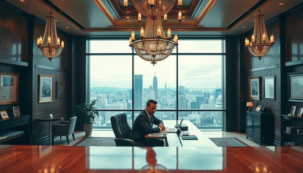 A sophisticated banking lounge with a warm, inviting atmosphere. In the foreground, a well-dressed executive sits at a polished wooden desk, discussing loan options with a client. Elegant chandeliers cast a soft, ambient light, while large windows offer a panoramic view of a bustling city skyline in the background. The walls are adorned with prestigious artwork and certificates, conveying a sense of professionalism and expertise. The overall tone is one of luxury, reliability, and a personalized banking experience that caters to the needs of discerning clientele, without the constraints of credit checks or loan history.