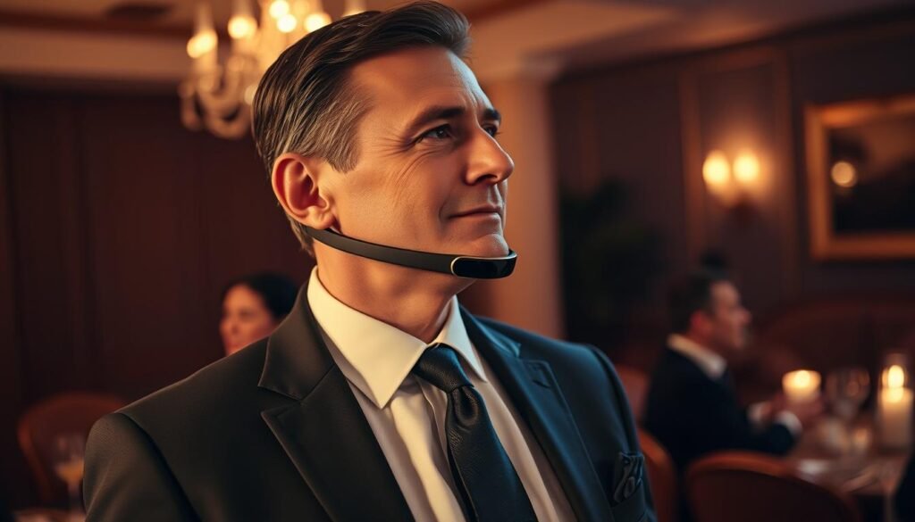 A sophisticated gentleman using an iCareCPAP sleep apnea machine while attending a social gathering. The device is discreetly integrated into his formal attire, with a sleek, matte black design that blends seamlessly with his suit. The lighting is warm and ambient, creating a cozy, intimate atmosphere. The man's expression is calm and composed, conveying a sense of confidence and poise as he navigates the social setting while managing his health condition. The background features a tastefully decorated venue, with elegant furnishings and a subtle, muted color palette that complements the overall scene.