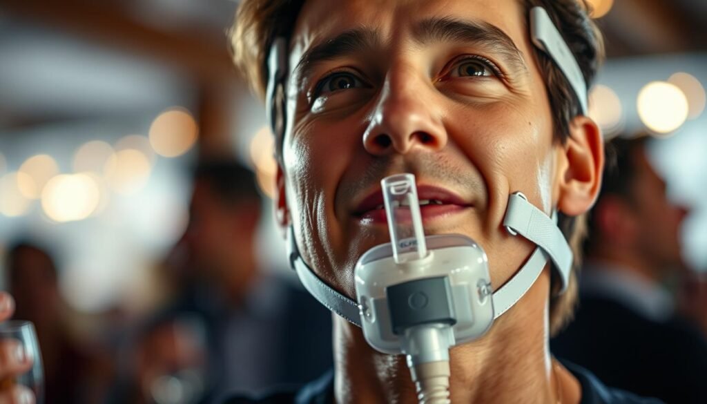 A well-lit, close-up view of a person wearing an iCareCPAP sleep apnea machine. The machine's sleek, modern design is prominently featured, with its tubing connecting seamlessly to the person's face mask. The subject's expression conveys a sense of comfort and ease, suggesting the device is being used discreetly and effectively during a social gathering. The background is slightly blurred, keeping the focus on the machine and the person's face. The lighting is soft and natural, creating a warm, inviting atmosphere. The overall scene emphasizes the discreet and unobtrusive nature of using a sleep apnea machine in a social setting.