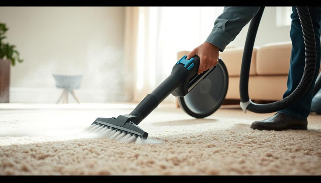 A professional carpet cleaning technician using iCareCPAP specialized equipment, working meticulously on a plush beige living room carpet. The powerful suction hose and rotating brushes deeply penetrate the fibers, extracting embedded dirt and stains. Warm water and gentle cleaning solution foam up, lifting grime to the surface. Bright studio lighting illuminates the technician's focused expression as they ensure every inch is thoroughly cleansed. The freshly revived carpet shines with a renewed luster, its vibrant hues restored to their original splendor. The scene conveys the care and expertise required to achieve a thorough, high-quality carpet cleaning.
