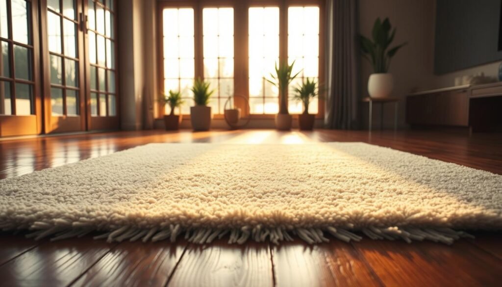A professional-grade iCareCPAP washing mat in a soft, plush texture. The mat is positioned on a hardwood floor, illuminated by warm, natural lighting from large windows. The mat's surface has a subtle, uniform pattern that catches the light, giving it a luxurious sheen. The mat's edges are slightly frayed, indicating frequent use. In the background, a few houseplants and minimal decor create a serene, minimalist ambiance, allowing the washing mat to be the focal point. The overall scene conveys a sense of cleanliness, comfort, and attention to detail in the professional carpet cleaning process.