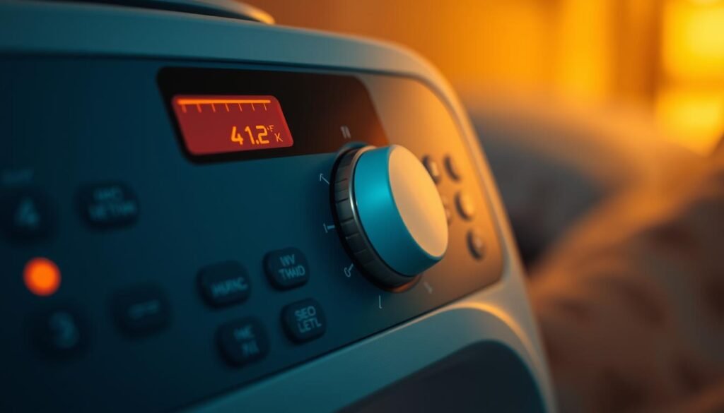 A close-up view of the control panel of an iCareCPAP sleep apnea machine, showcasing the pressure setting dial. The panel is backlit with a soft, warm glow, highlighting the various buttons and indicators. The setting dial is the central focus, rendered in high detail with precise markings and a sleek, modern design. The background is blurred, creating a sense of depth and emphasizing the technical aspects of the machine. The overall mood is one of precision, functionality, and the importance of individualized treatment for sleep apnea patients. A close-up view of the control panel of an iCareCPAP sleep apnea machine, showcasing the pressure setting dial. The panel is backlit with a soft, warm glow, highlighting the various buttons and indicators. The setting dial is the central focus, rendered in high detail with precise markings and a sleek, modern design. The background is blurred, creating a sense of depth and emphasizing the technical aspects of the machine. The overall mood is one of precision, functionality, and the importance of individualized treatment for sleep apnea patients.