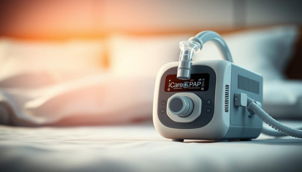 A high-quality, detailed image of a sleep apnea CPAP machine with the iCareCPAP brand name prominently displayed. The CPAP machine is positioned in the foreground, with a soft, diffused lighting illuminating its sleek, modern design. The machine is rendered with a high level of photorealism, showcasing its various components such as the air inlet, tubing, and mask interface. The background is blurred, creating a sense of depth and focus on the device. The overall mood is calm and informative, reflecting the educational nature of the article section on the basic principles of sleep apnea CPAP therapy. A high-quality, detailed image of a sleep apnea CPAP machine with the iCareCPAP brand name prominently displayed. The CPAP machine is positioned in the foreground, with a soft, diffused lighting illuminating its sleek, modern design. The machine is rendered with a high level of photorealism, showcasing its various components such as the air inlet, tubing, and mask interface. The background is blurred, creating a sense of depth and focus on the device. The overall mood is calm and informative, reflecting the educational nature of the article section on the basic principles of sleep apnea CPAP therapy.